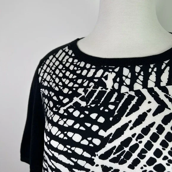 Nordstrom Blouse Top Womens Large Silk Cashmere Sweater Short Sleeve Black White - Picture 2 of 10